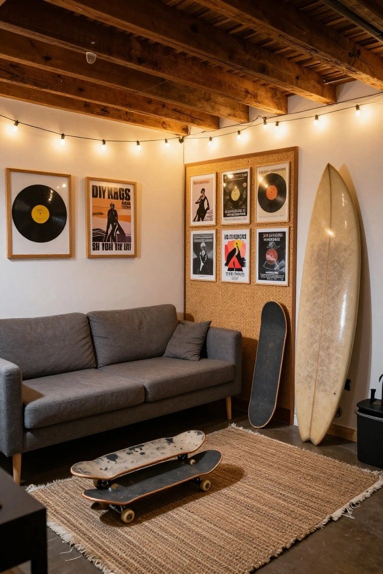 Basement lounge with exposed wooden beams, string lights, gray sofa on jute rug, corkboard wall displaying posters and records, leaning white surfboard, and multiple skateboards on floor and against wall.