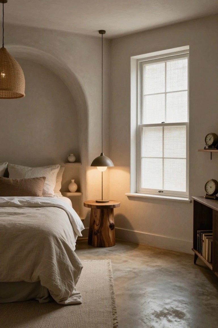 Bedroom corner featuring a low bed with white linen bedding and pillows, a tree trunk side table with a conical lamp, an arched wall niche with ceramic vases on shelves, a rattan pendant light overhead, a window with sheer curtains, polished concrete floor partially covered by a fringed rug, and wooden bookshelves nearby.