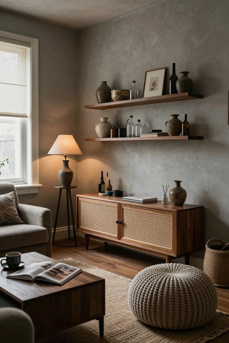 Cozy indoor room corner with light gray textured plaster walls, two rows of wooden floating shelves displaying ceramic vases, glass bottles, and a framed artwork, tripod floor lamp, wooden credenza with rattan doors, low coffee table with open magazine and mug, knit pouf, and woven rug on hardwood floor.