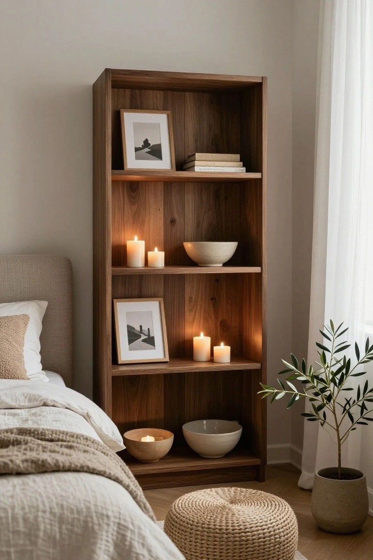 Tall open wooden bookshelf next to a bed in a bedroom, with candles, ceramic bowls, books, and framed black-and-white photos on the shelves, beside sheer curtains and a potted olive tree.