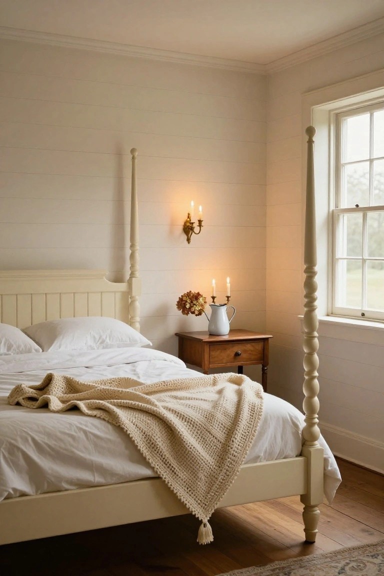 Cream four-poster bed with white sheets and knit throw in a white shiplap bedroom corner, lit by burning candles in brass wall sconce and on wooden nightstand with pitcher of flowers, large window visible.