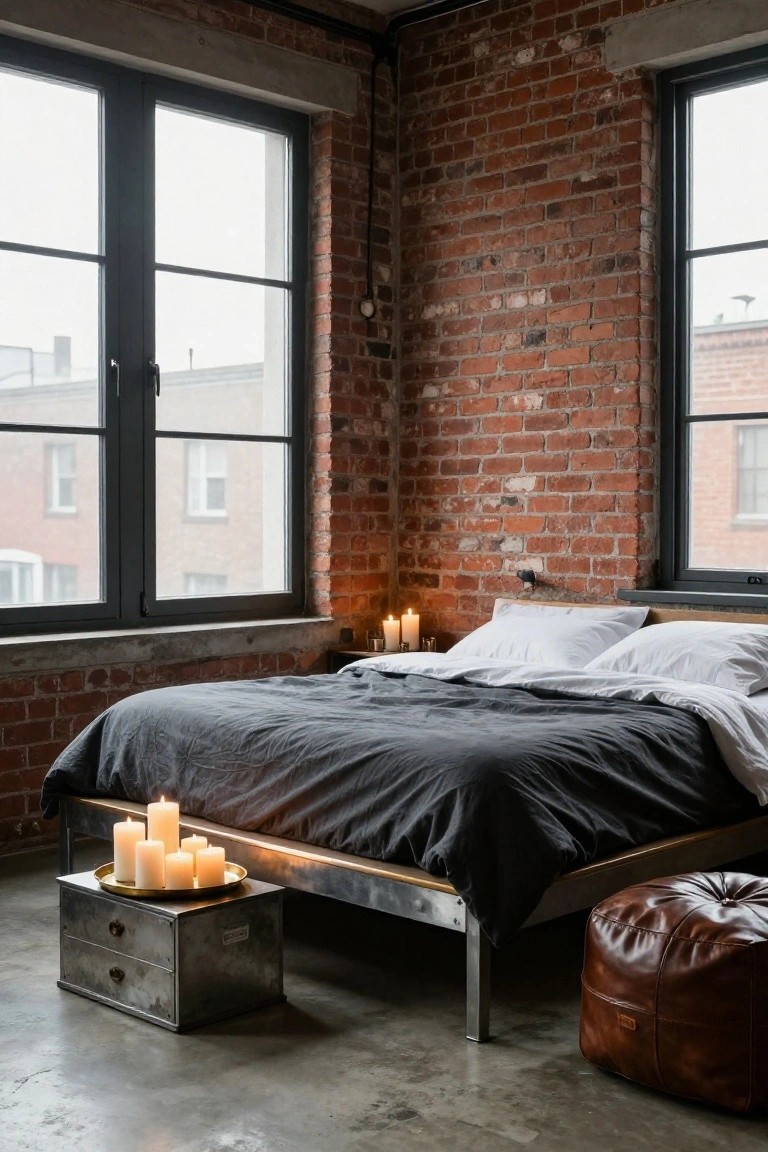 Corner of an industrial bedroom featuring exposed brick walls, large black-framed windows, a metal bed frame with dark gray bedding and white pillows, a group of lit pillar candles on a gold tray atop a silver metal box next to the bed, a brown leather pouf, and polished concrete floor.