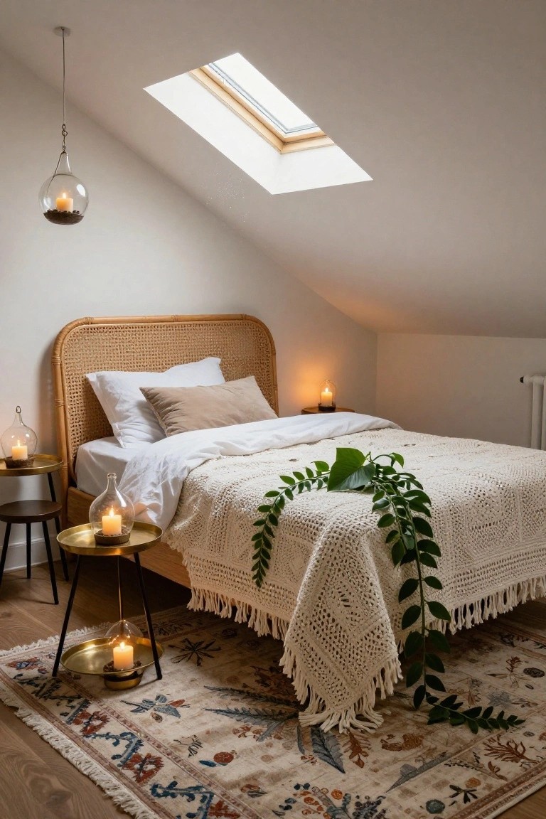Attic bedroom featuring a rattan headboard bed with white pillows and sheets covered by a white crochet throw and green leaves, flanked by small black metal tables holding glass lanterns and candles, a hanging glass lantern above, skylight in sloped white ceiling, and patterned rug on wood floor.
