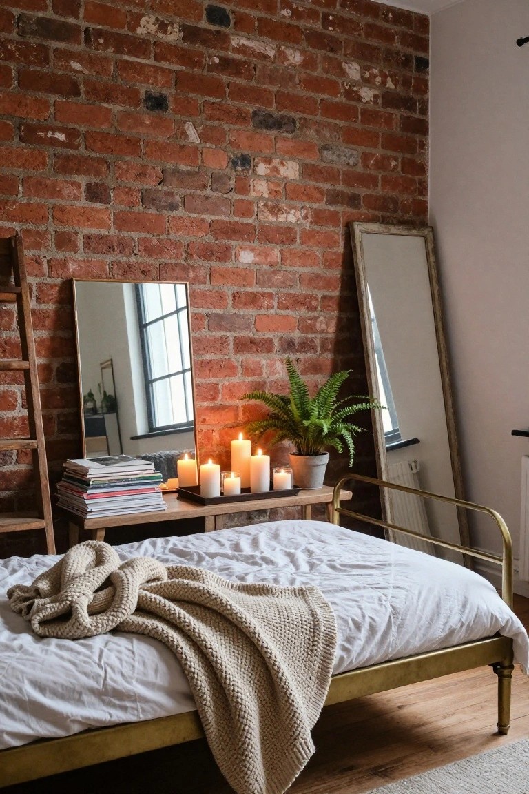 Cozy bedroom with a brick wall, gold bed frame, candles, and greenery on a dresser.