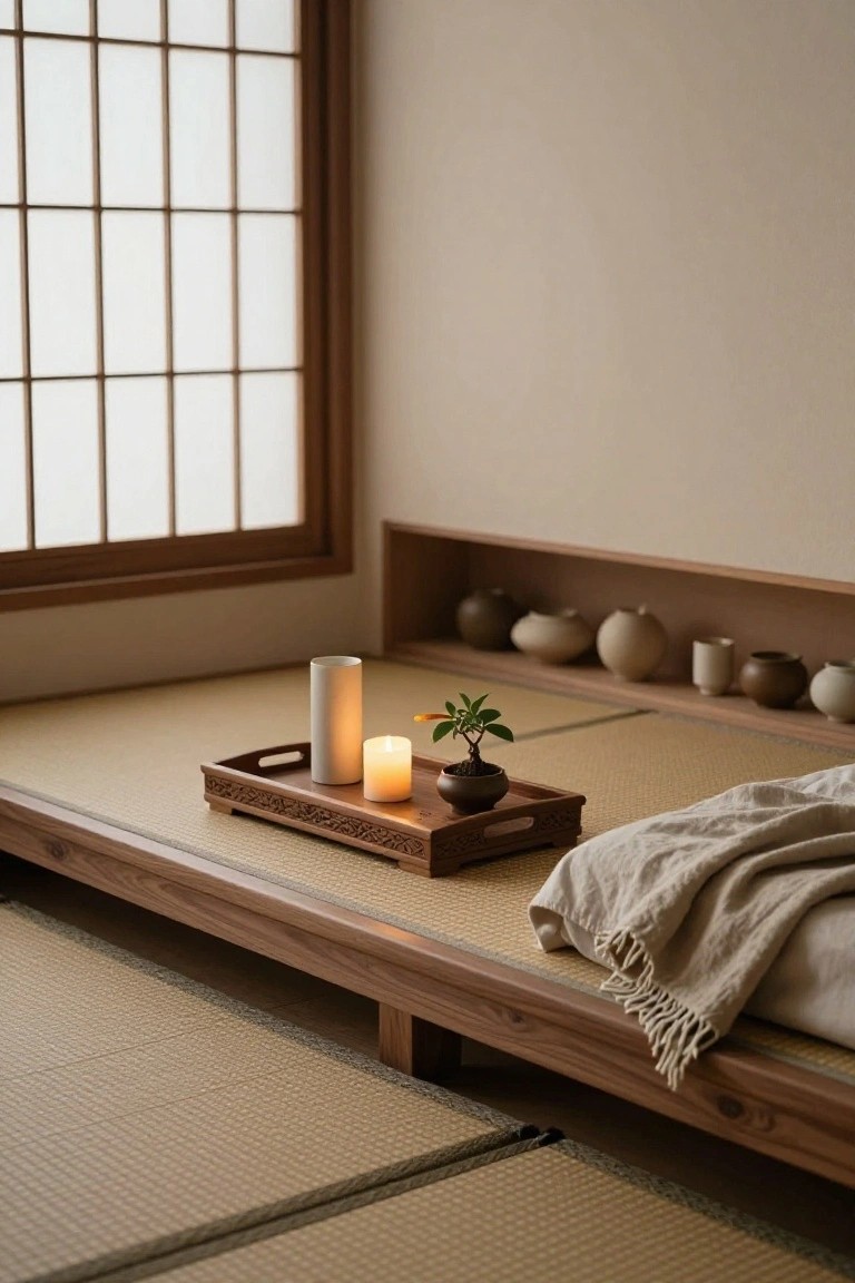 Minimalist Japanese-style bedroom with tatami mats, low wooden bed platform draped in a light blanket, carved wooden tray on the floor holding a lit white candle and small potted plant, built-in shelves displaying pottery jars, and shoji window.