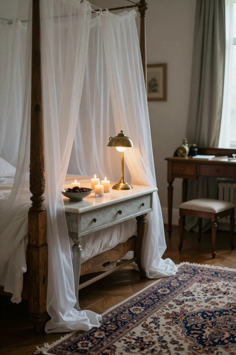 Wooden four-poster bed with white canopy drapes next to marble-topped bedside table holding white candles in glasses, brass lamp, and bowl of dates, with desk and rug in background.