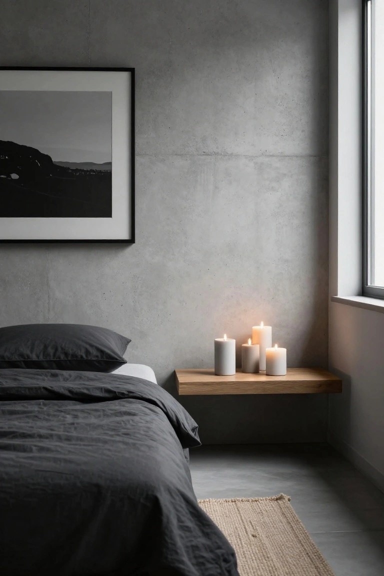 Corner of a minimalist bedroom with exposed concrete walls, a low bed draped in dark linens, a floating oak shelf holding four lit white pillar candles of varying heights, a large framed black-and-white landscape photo, and a tall window.