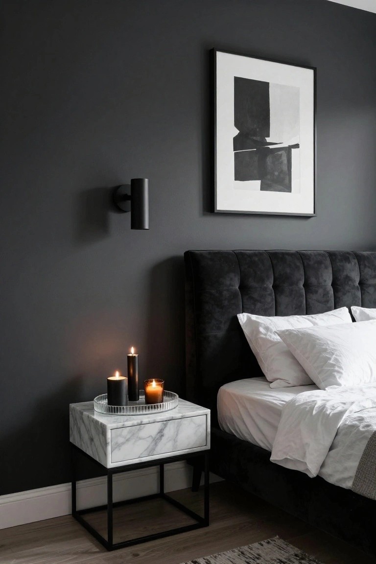 Dark gray bedroom corner with black velvet tufted headboard, white marble nightstand topped by glass tray holding four black candles, wall sconce, and black-and-white abstract framed print.