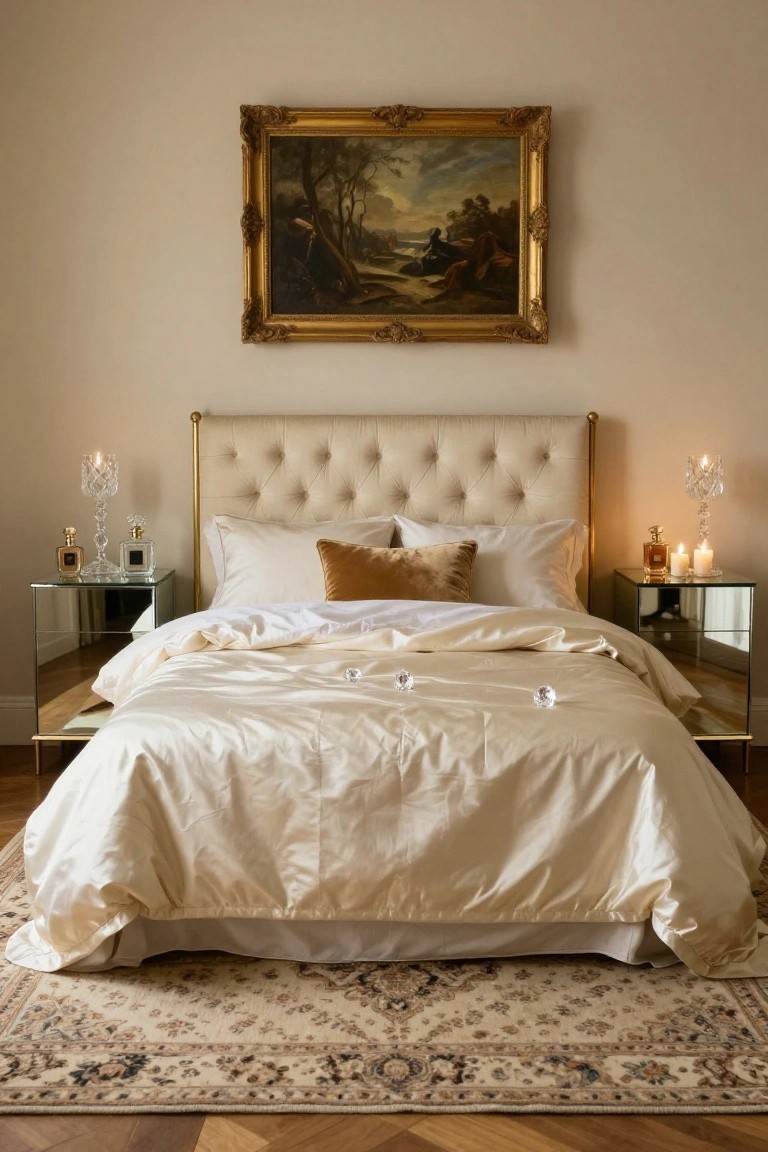 A luxurious bedroom with brass-framed tufted beige headboard, white and beige bedding on a king bed, mirrored nightstands holding Chanel perfume bottles, crystal candle holders with lit candles, and a gold-framed landscape painting on the wall.