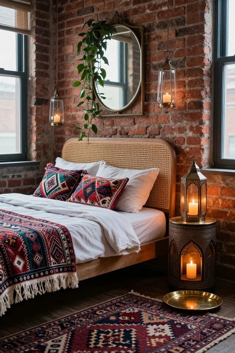 Exposed brick bedroom with rattan headboard bed dressed in white linens, colorful patterned pillows and throw, multiple brass lanterns holding lit candles hung on walls and placed on a side table, hanging plants, round mirror, and patterned rug on wood floor.
