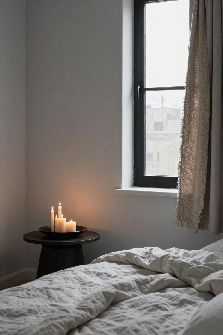 A black round pedestal table in a bedroom corner holds a black dish with four lit white taper candles of varying heights, positioned next to a white bed with rumpled linens and beside a large window draped in beige curtains.