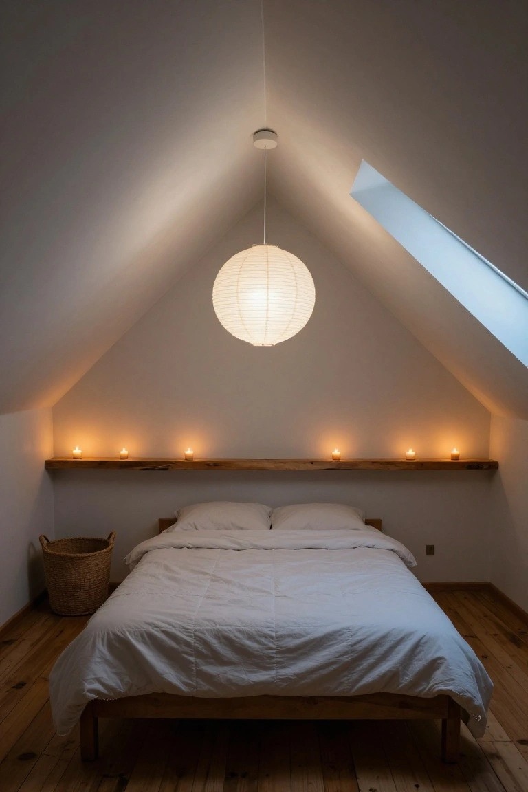 Cozy attic bedroom featuring a wooden bed with white duvet, wooden floating shelf above the headboard holding five lit tea light candles, hanging white paper lantern from the ceiling, skylight in sloped white walls, and wicker laundry basket on hardwood floor.