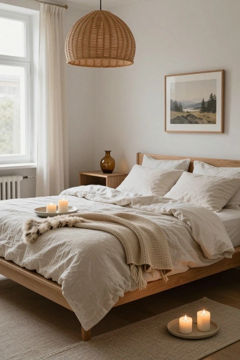 Bedroom interior with oak bed frame, white linen bedding, two white candles on a plate atop the bed, two more candles on a plate on the seagrass rug nearby, rattan pendant lamp overhead, amber vase on wooden nightstand, and framed landscape print on white wall.