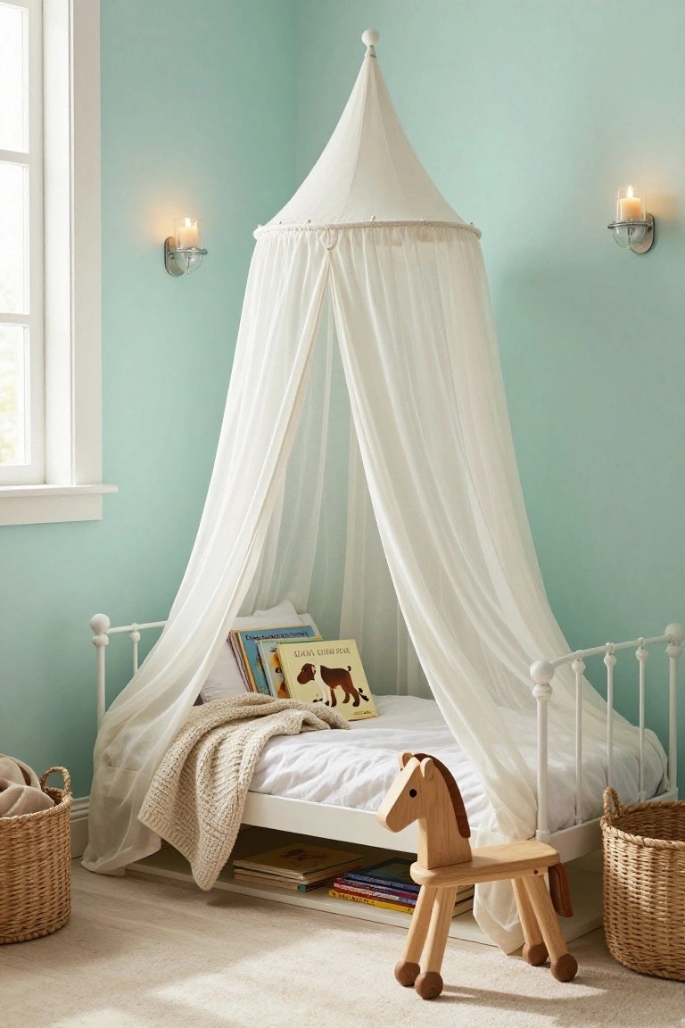 Mint green child's bedroom with white metal bed draped in conical white canopy, two wall-mounted glass candle sconces lit with candles, wooden rocking horse on floor, stacked books under bed, and wicker baskets nearby.