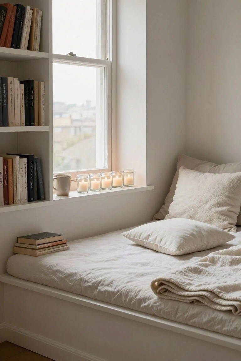 White bedroom nook with built-in window seat bed covered in white linens and pillows, stacks of books on the seat, bookshelves on white walls, a white mug, and six lit candles in glass jars lined up on the wide windowsill next to the window overlooking rooftops.