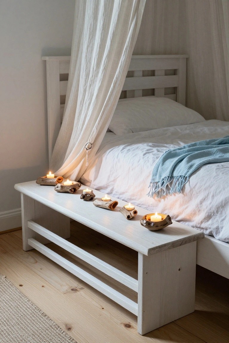 White wooden bench next to a bed with white canopy and linens holds several lit candles in driftwood holders, on a light wood floor in a bedroom.