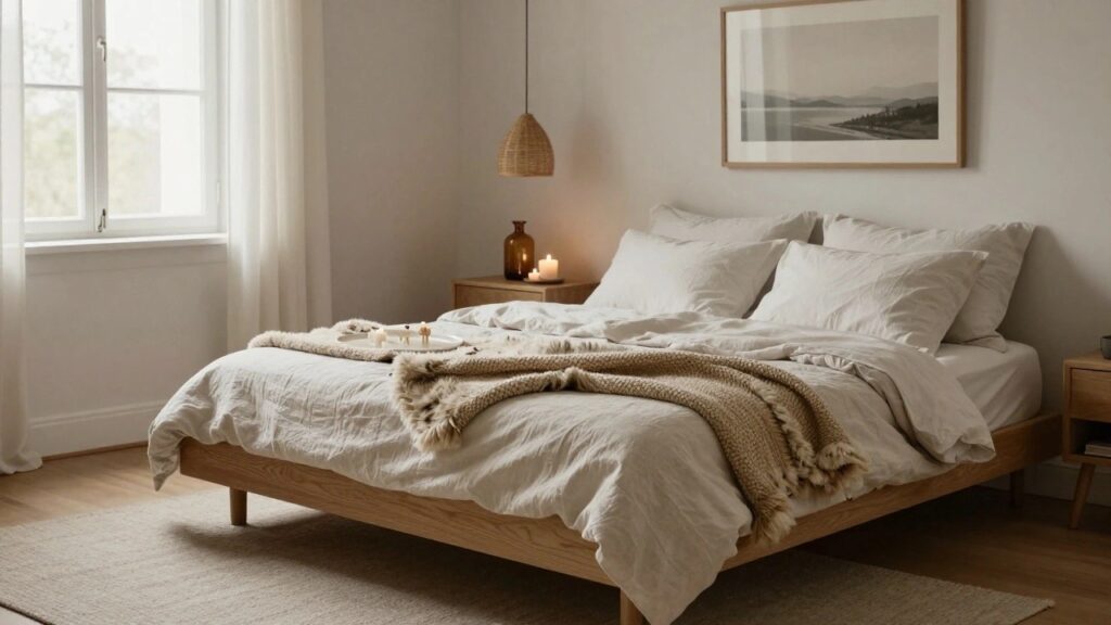 Bedroom interior with oak bed frame, white linen bedding, two white candles on a plate atop the bed, two more candles on a plate on the seagrass rug nearby, rattan pendant lamp overhead, amber vase on wooden nightstand, and framed landscape print on white wall.