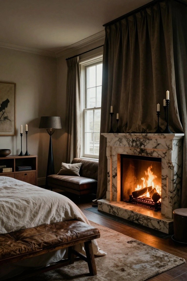 Cozy room with a marble fireplace, brown leather couch, and earthy-toned curtains.