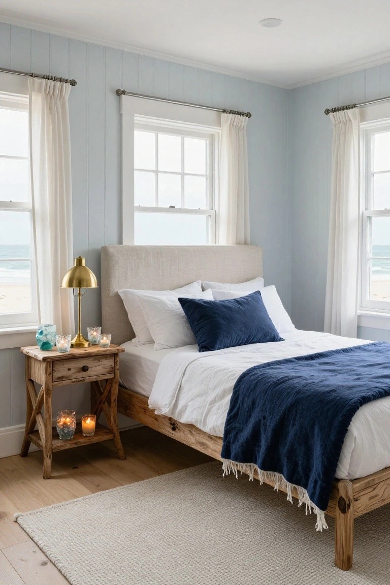 Bedroom with light blue shiplap walls, upholstered bed headboard, white bedding topped with navy pillows and throw, wooden X-frame nightstand holding gold arched lamp and several candles in glass holders, large curtained windows overlooking ocean and beach, light wood floors with white rug.