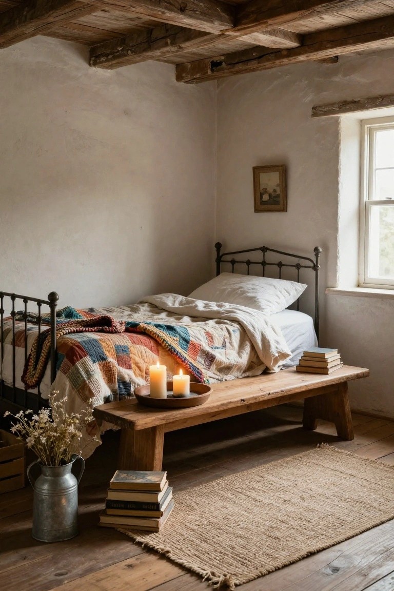 Cozy bedroom interior with exposed wooden beams, iron bed with white linens and patchwork quilt, wooden bench at foot holding candles books and bowl, tin bucket of dried flowers, stacked books on floor, and seagrass rug on wood floor.