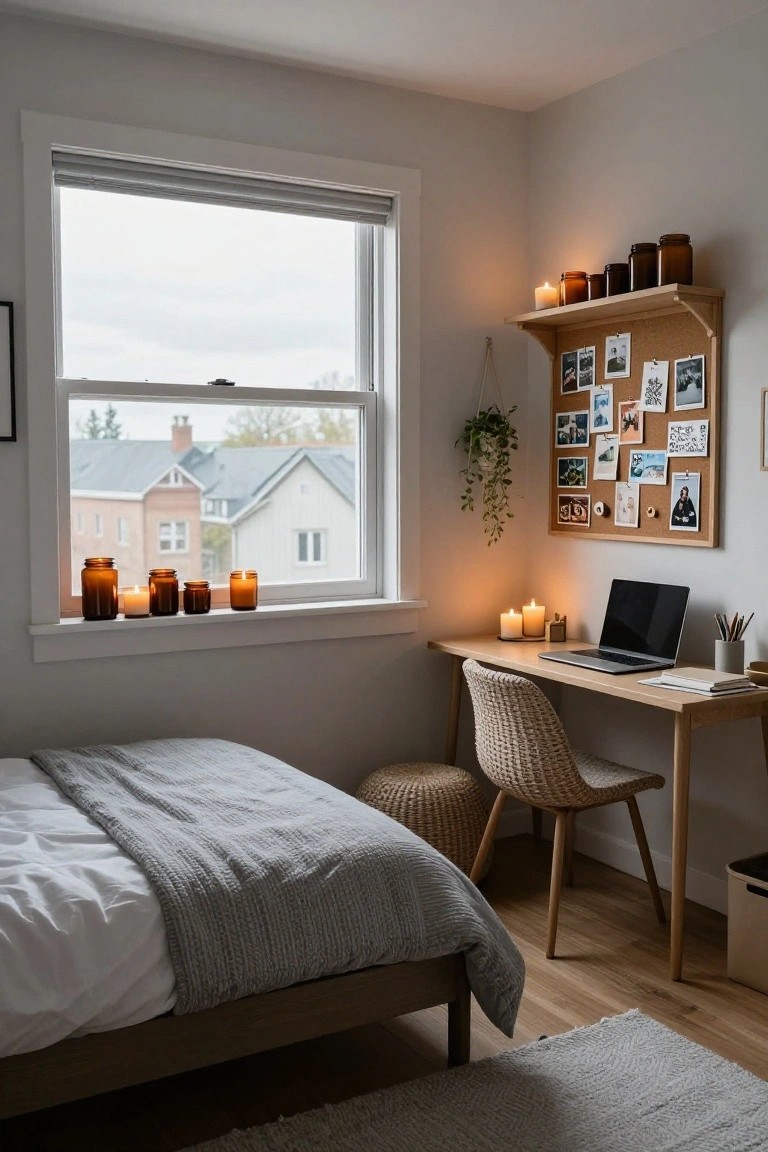 Bedroom with white walls, wooden bed draped in gray blanket, rattan chair at light wood desk with laptop, corkboard with photos above shelf of amber jars, multiple lit candles in amber jars on wide windowsill overlooking gray houses and trees.