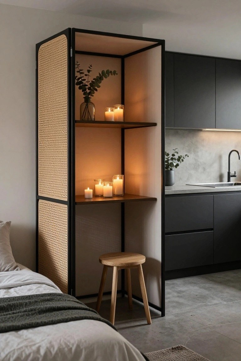 Tall black-framed rattan screen divider with shelves holding candles, eucalyptus in a vase, and plants, positioned between a bed and dark kitchen cabinets with a sink.