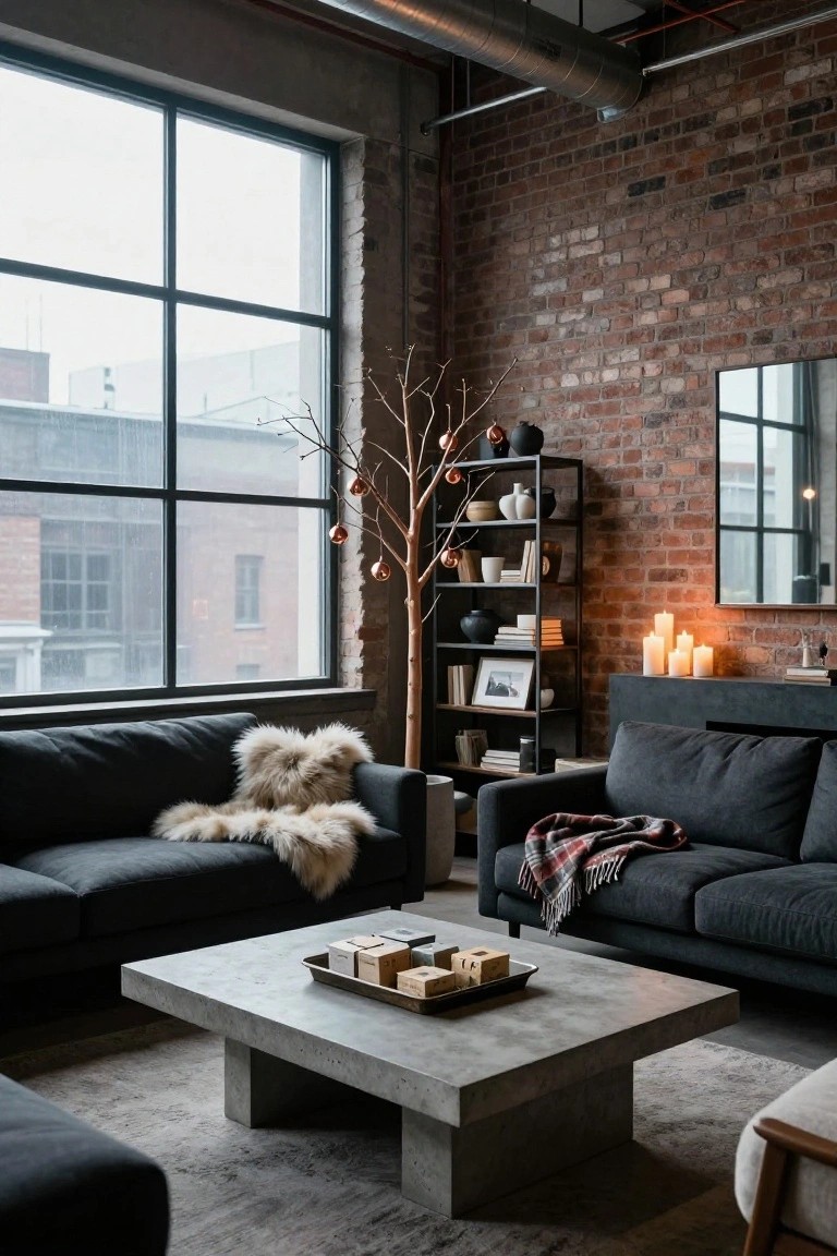 Industrial living room featuring exposed brick walls, large steel-framed windows, black sofas with white fur throw and plaid blanket, concrete coffee table with wooden blocks, black metal shelving unit, tall bare branch tree decorated with copper ornaments, and white candles on a black mantel.