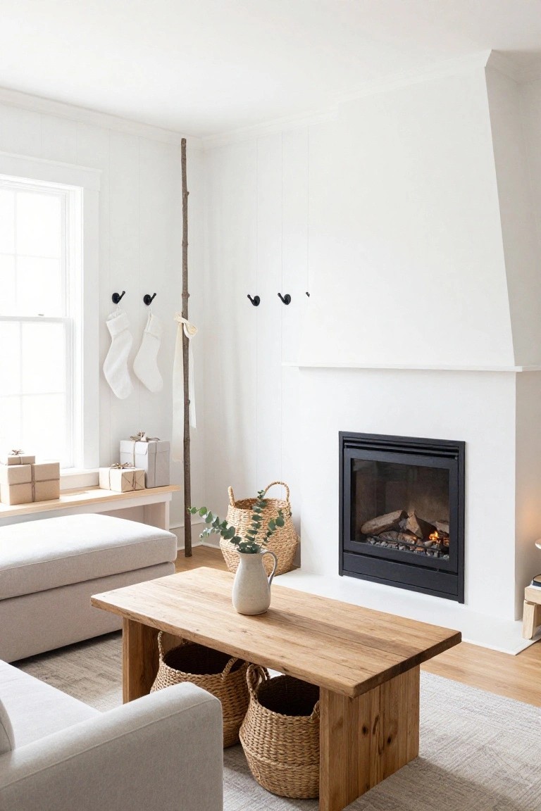 A light-filled living room with white walls and trim, gas fireplace burning, beige sofa and ottoman, wooden coffee table holding seagrass baskets and a vase, wrapped gifts on a bench, and white stockings hanging from a wooden branch on black hooks near the window.