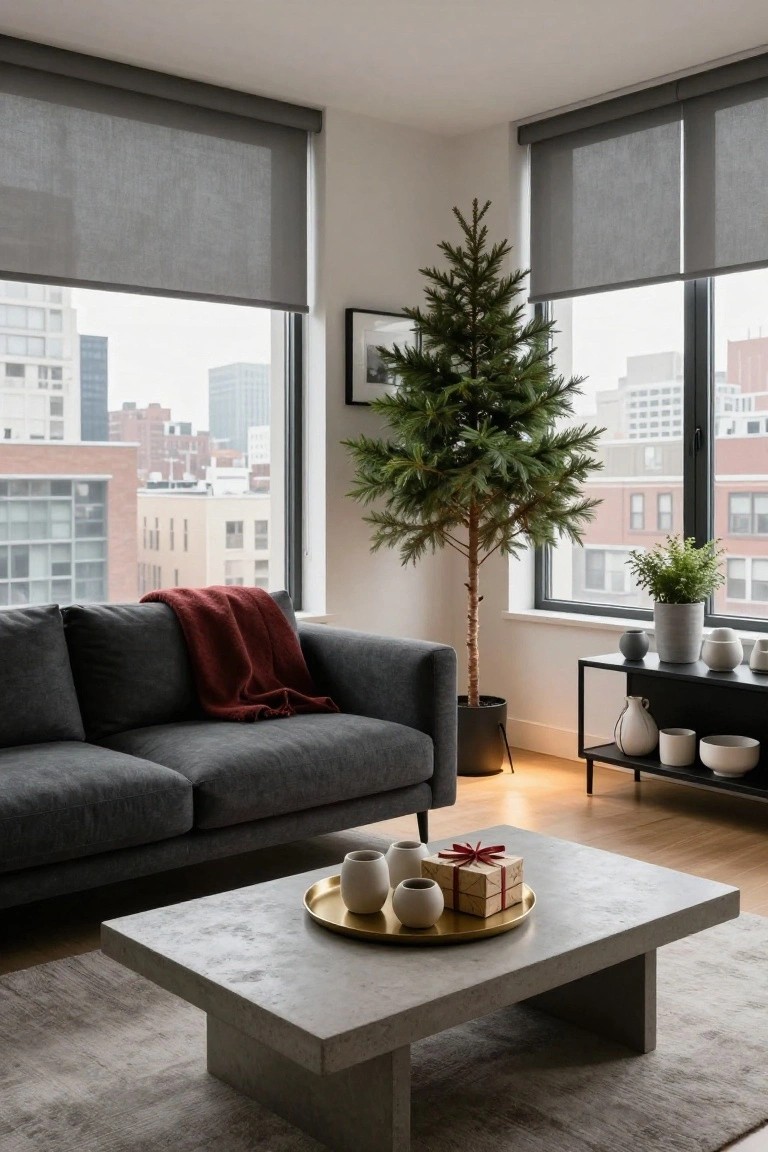 Modern living room corner with slim Christmas tree next to floor-to-ceiling windows overlooking city buildings, gray sofa with red throw blanket, concrete coffee table with gold tray, white ceramics, and small wrapped gift box.