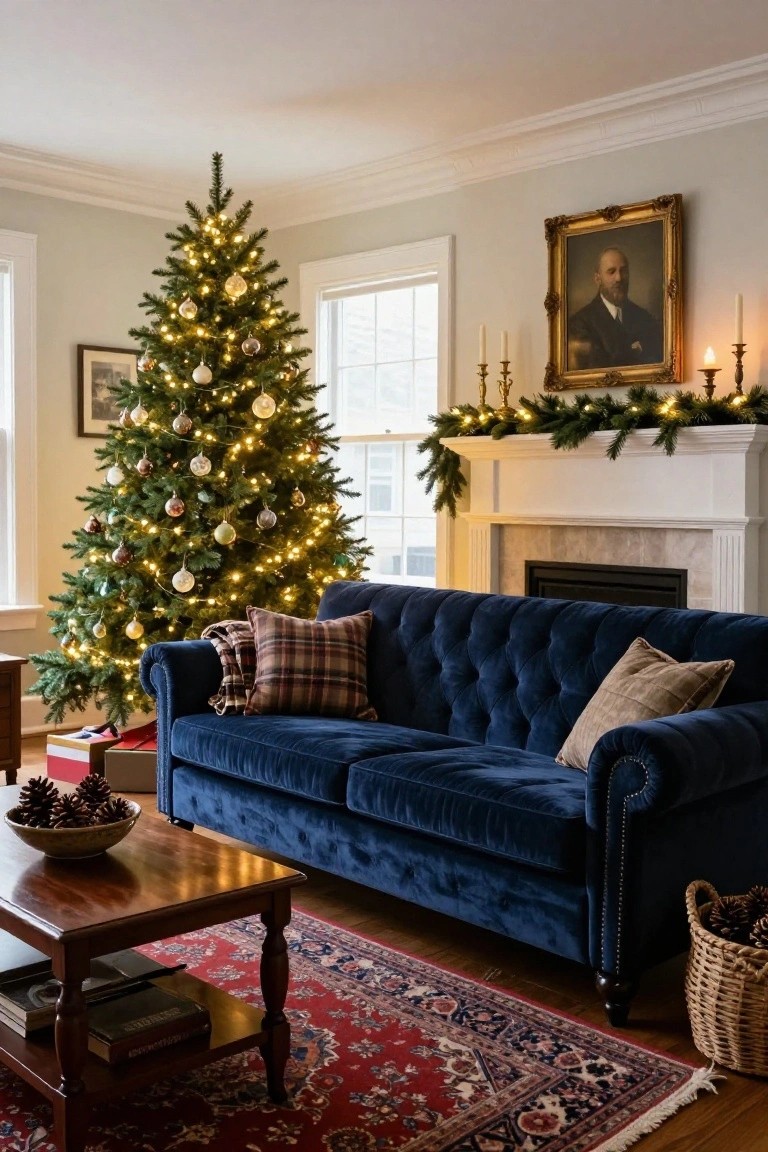 A living room with a lit evergreen Christmas tree decorated with gold and glass ornaments, a navy blue velvet tufted sofa with plaid throw pillows and blanket, wooden coffee table holding pinecones, marble fireplace mantel with garland and candles, gold-framed portrait on wall, and red Persian rug on hardwood floor.