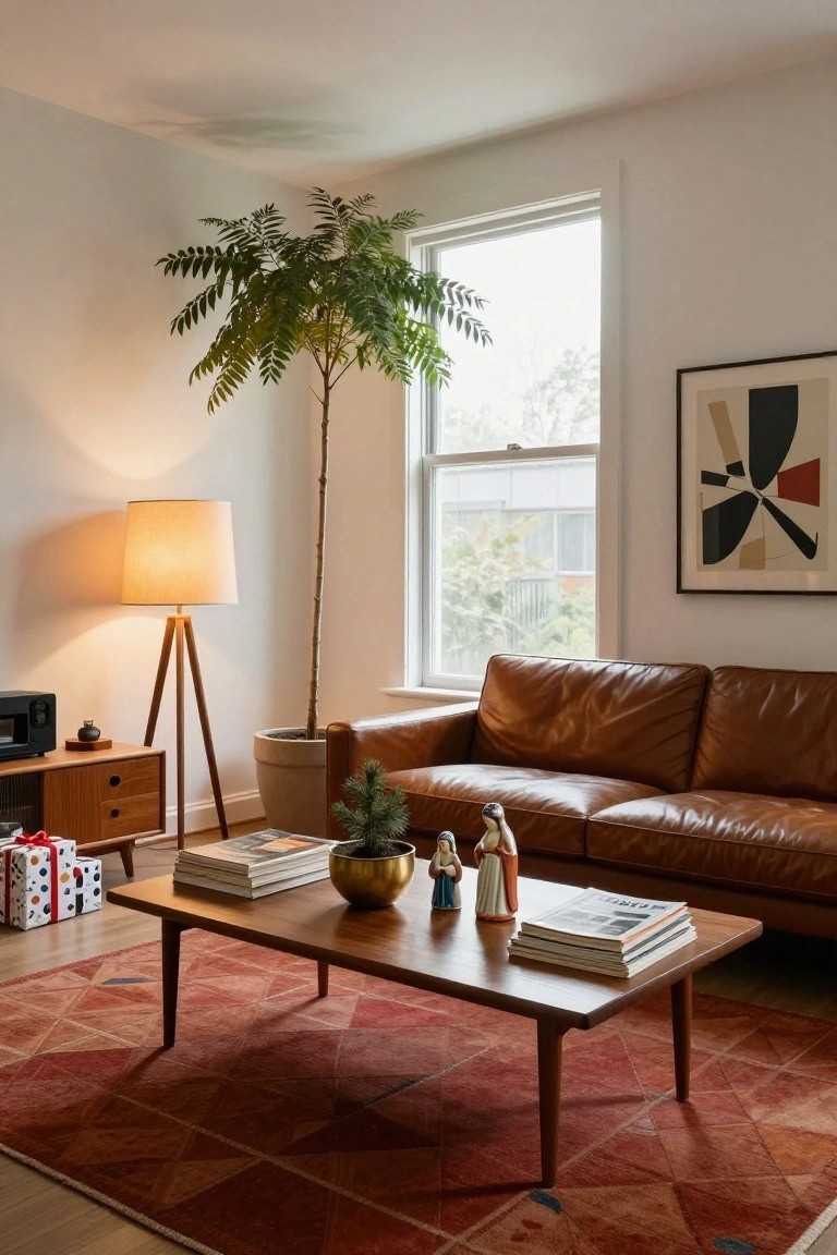 Modern living room with tan leather sofa, low wooden coffee table holding stacked magazines, brass bowl, small potted Christmas tree, two ceramic figurines, and wrapped gifts nearby, plus tripod floor lamp, tall potted plant by window, and abstract framed art on white wall.