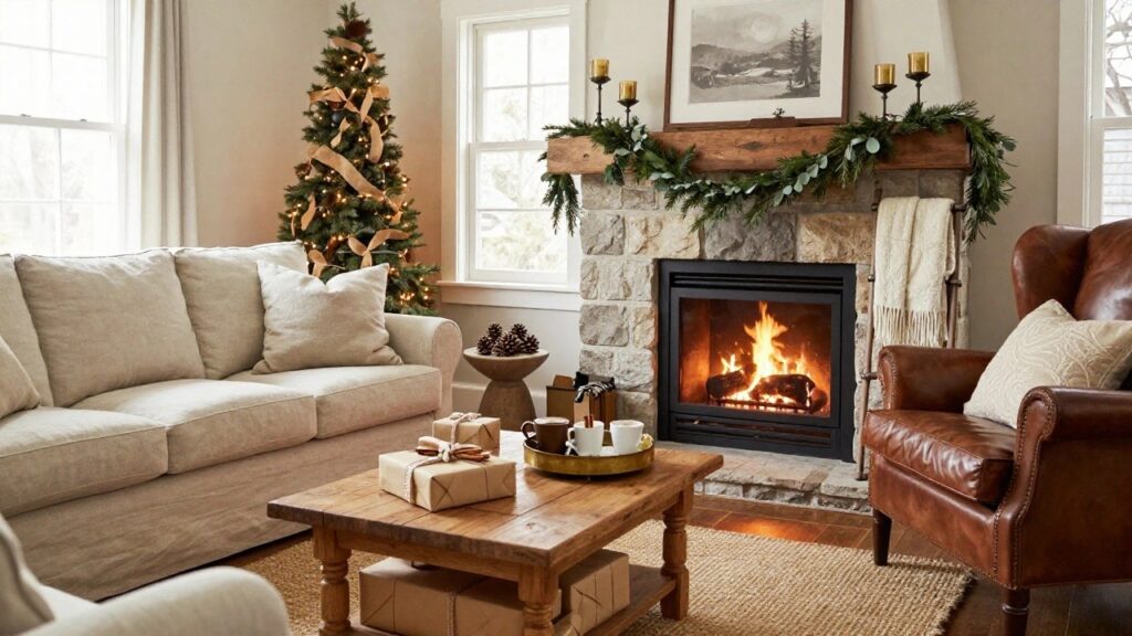 Cozy living room with stone fireplace lit by flames, wooden mantel holding evergreen garland with candles, neutral sofa and armchair, wooden coffee table with wrapped gifts and teacups, small lit Christmas tree nearby, and wreath on the wall.