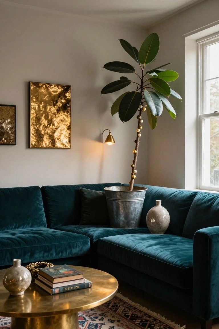 Emerald green velvet L-shaped sofa in a living room corner next to a tall potted fiddle leaf fig plant decorated with string lights and gold baubles in a metal bucket, with a brass coffee table, ceramic vases, books, gold artworks, and a wall sconce.