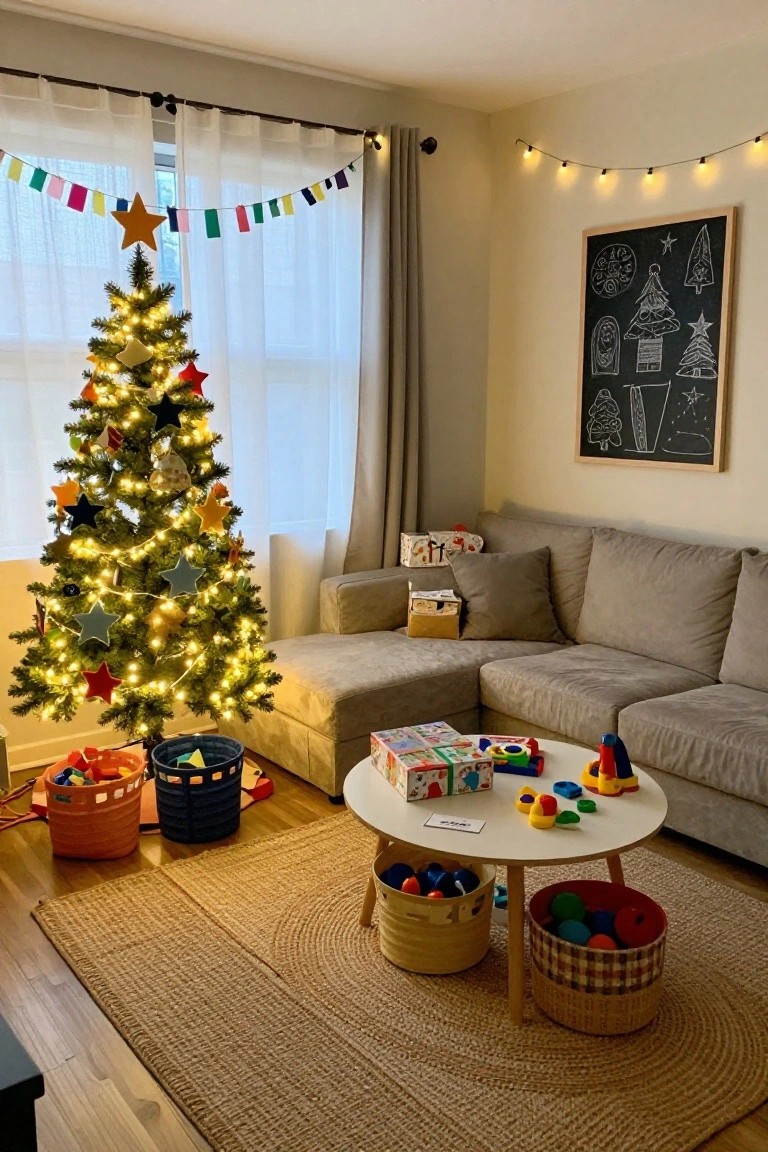 A cozy living room with a small lit Christmas tree decorated in colorful fabric stars and ornaments next to a beige sectional sofa, children's toys on a round coffee table, and woven baskets on a jute rug.