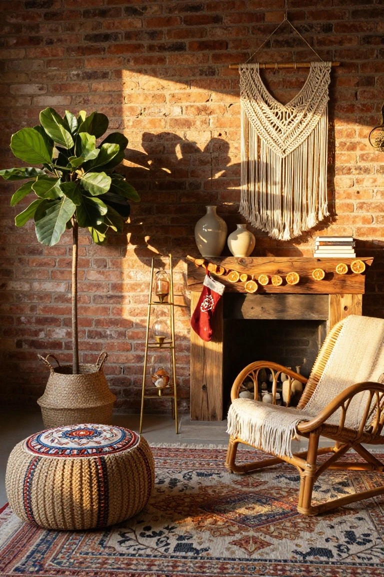 Cozy living room corner with exposed brick walls, wooden fireplace mantel strung with dried orange garland and red stockings, fiddle leaf fig plant in basket, macrame wall hanging, rattan rocking chair with cream throw, woven pouf ottoman, and patterned rug on floor.