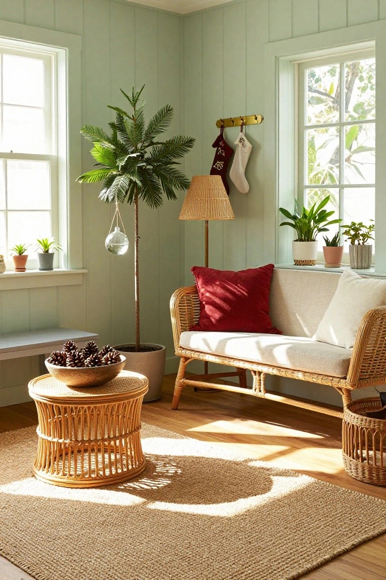 Mint green shiplap-walled living room corner with rattan sofa topped by red and cream pillows, multiple potted plants, brass wall hooks holding two Christmas stockings, wooden bowl of pinecones on rattan table, floor lamp, and sunlight through windows.