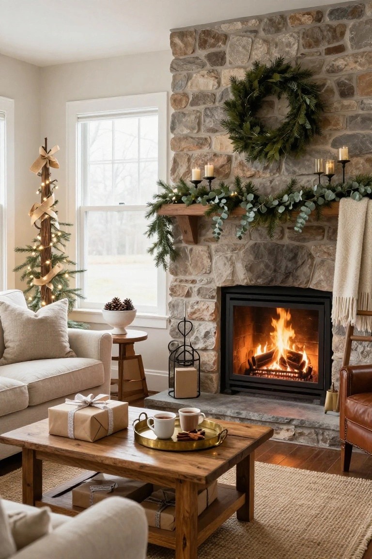 Cozy living room with stone fireplace lit by flames, wooden mantel holding evergreen garland with candles, neutral sofa and armchair, wooden coffee table with wrapped gifts and teacups, small lit Christmas tree nearby, and wreath on the wall.