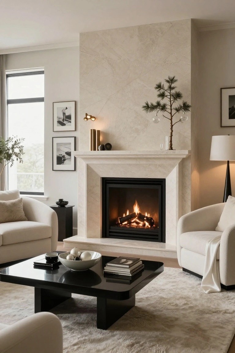 Living room with marble fireplace lit by flames, small pine tree with glass ornaments on the mantel shelf, cream armchairs, black coffee table holding white ornaments in a bowl and stacked books, neutral walls, and large windows.