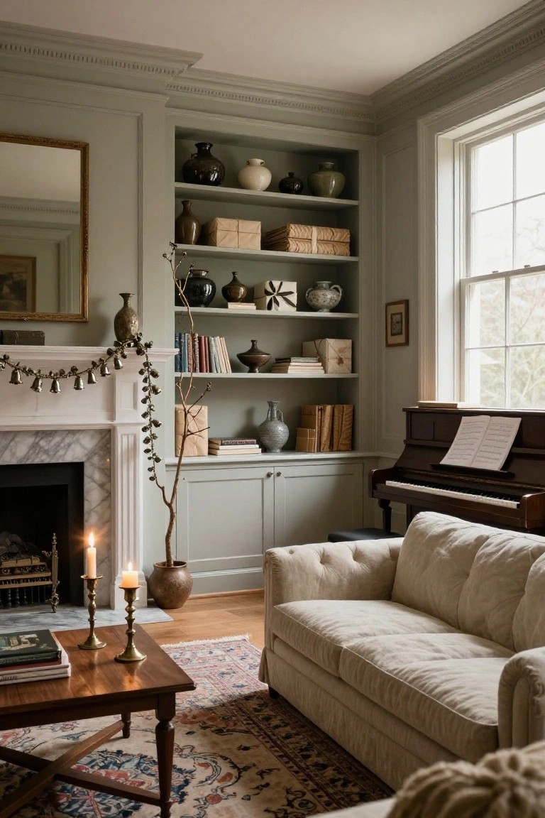 Sage green paneled living room with built-in bookshelves holding vases, books, and boxes, marble fireplace mantel draped with bells garland and greenery, burning candles, upright piano, cream tufted sofa, wooden coffee table, and patterned rug.