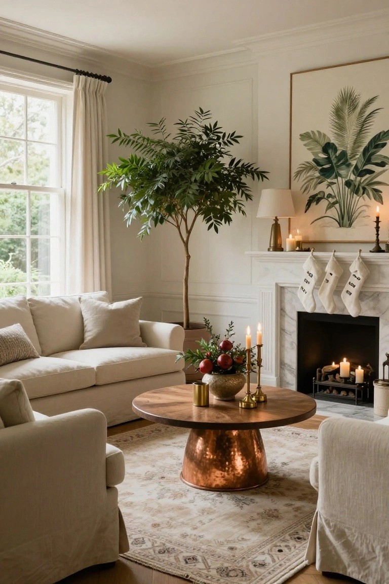 Cozy living room with cream linen sofas, wooden coffee table on copper base, tall potted tree beside marble fireplace hung with three white Christmas stockings, candles and holiday greenery on mantel, neutral patterned rug, large framed palm leaf artwork, and window with sheer curtains.