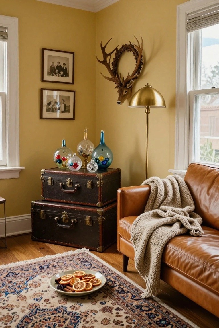 A living room corner featuring mustard yellow walls, two stacked brown vintage suitcases topped with colorful glass ornaments containing baubles, a leather armchair with a cream knit throw, a gold floor lamp, deer antler decor, black-and-white photos, and a Persian rug with a plate of dried oranges on wooden floors.