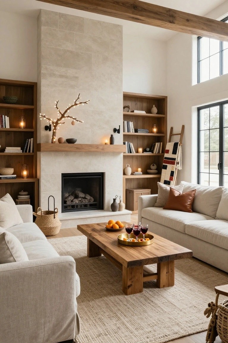 A living room with a tall beige stone fireplace flanked by matching wooden bookcases filled with books, candles, pottery, and a lit branch, facing beige sofas around a wooden coffee table with oranges, wine glasses, and a gold tray.