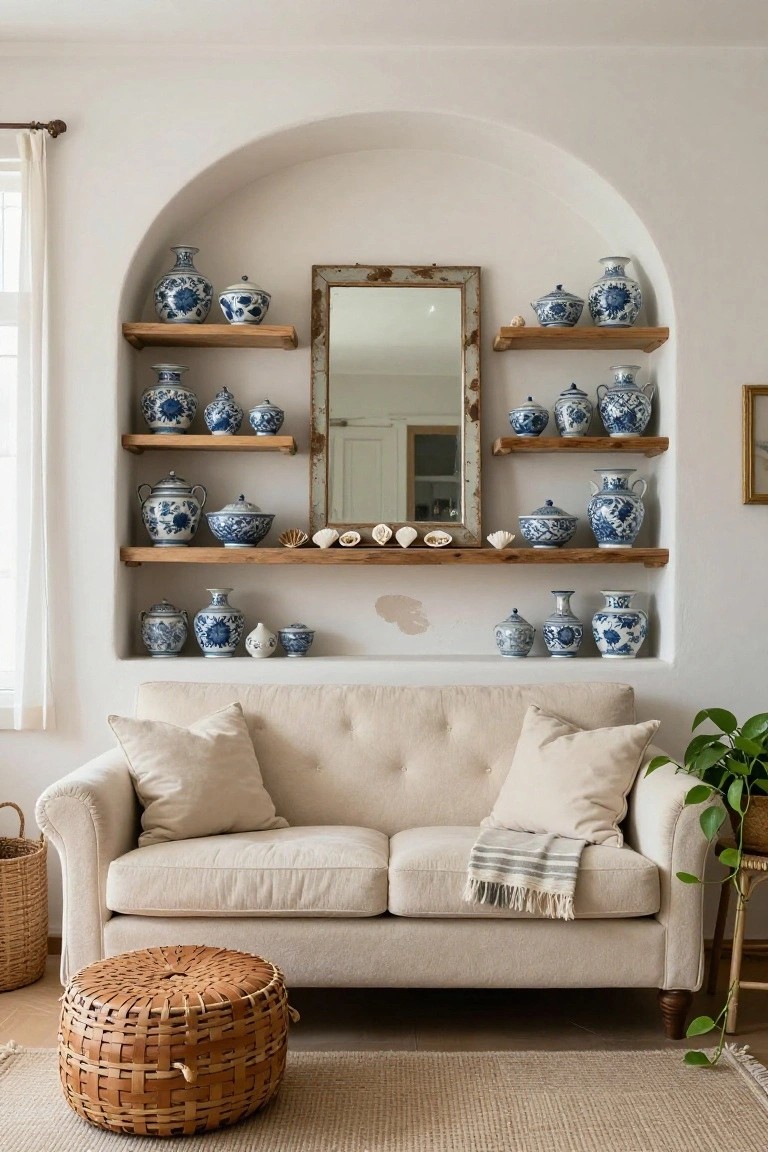 A living room with a beige tufted sofa in front of a large arched white wall niche displaying multiple blue and white ceramic vases and jars on wooden shelves, including a framed mirror within the niche, potted plants, and woven baskets nearby.
