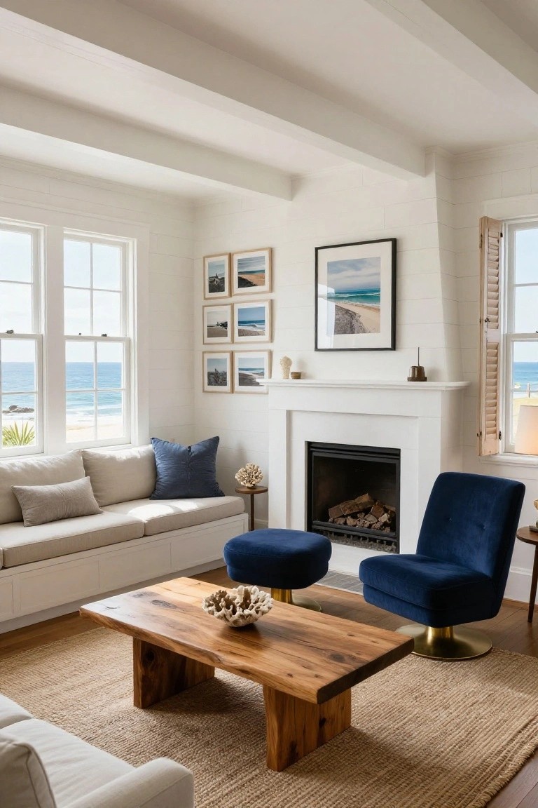 Coastal living room featuring white shiplap walls, a long built-in bench with beige and navy cushions along ocean-view windows, white fireplace with firewood, wooden coffee table, two blue velvet swivel chairs, and beige seagrass rug on hardwood floors.