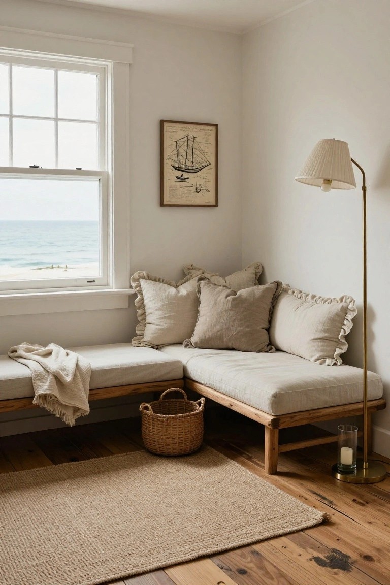Beige corner bench seat with ruffled linen cushions and pillows, cream throw blanket, positioned by a large white-framed window overlooking the ocean in a light room with brass floor lamp, wicker basket, seagrass rug, and hardwood floors.