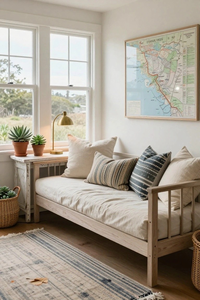 Bright corner room with large windows, a low wooden daybed covered in white bedding and patterned pillows, potted succulents on a side table with brass lamp, and a framed map on the white wall above a neutral rug.