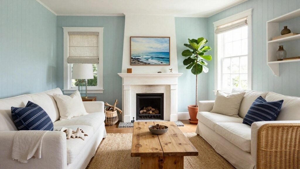 A coastal living room with pale blue shiplap walls, white sofa with neutral pillows, rattan armchair, wooden coffee table, large fiddle leaf fig plant, and white fireplace with ocean view windows.