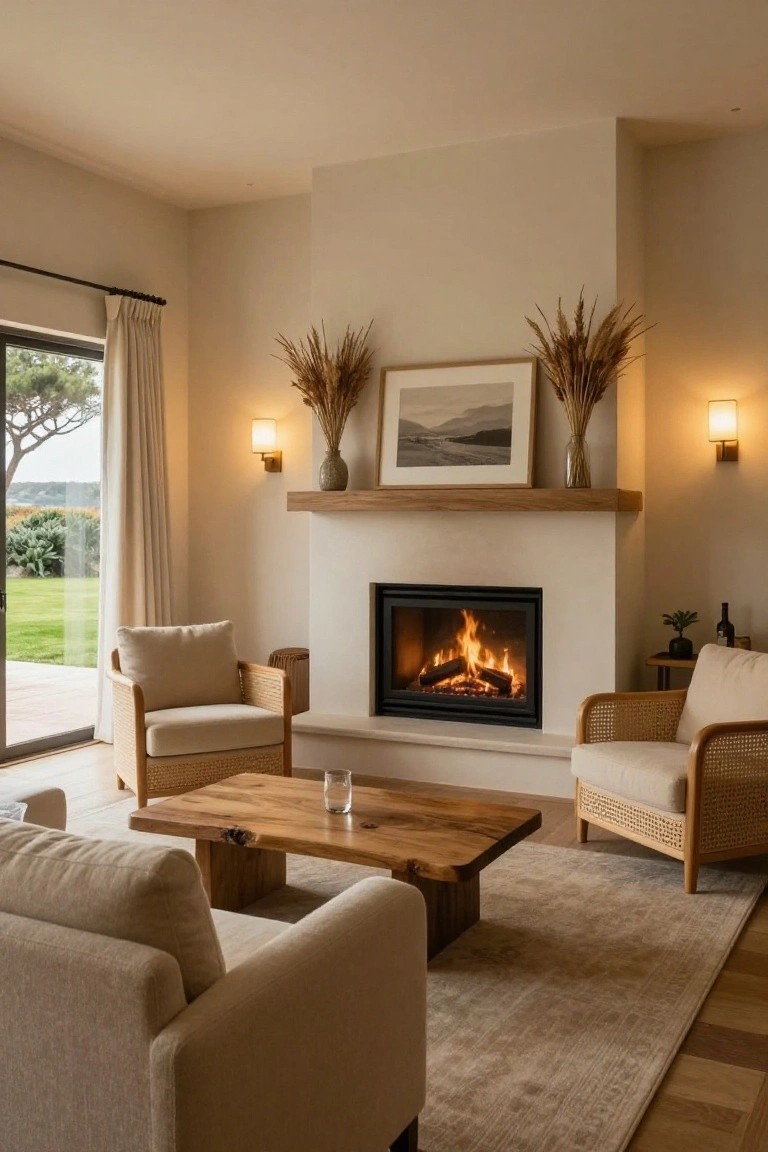 Beige living room featuring a black-framed fireplace with burning logs, oak mantel shelf holding pampas grass and a framed landscape print, rattan chairs with cream cushions, a wood coffee table, and sliding glass doors opening to a view of pine trees, shrubs, and lawn.