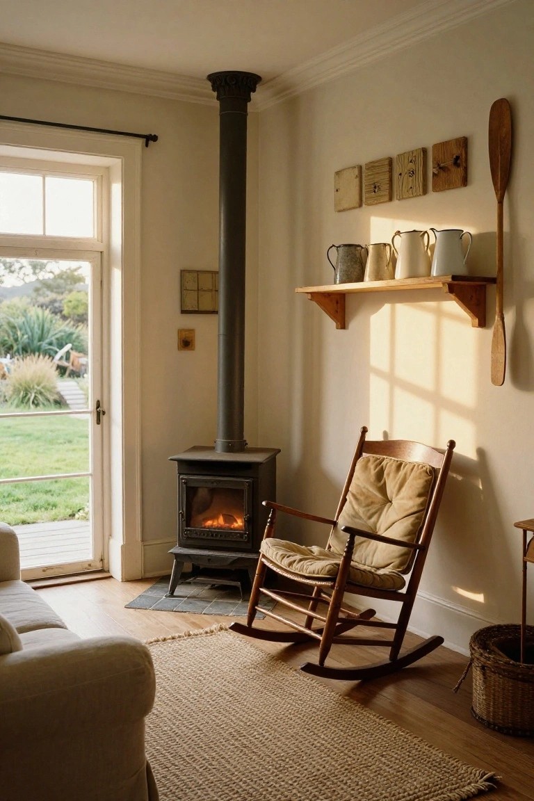 Sunlit corner of a living room with a black freestanding wood-burning stove lit with fire, wooden rocking chair nearby, wooden shelves holding metal pitchers and decor, open door to garden view, and partial view of beige sofa on wood floor.