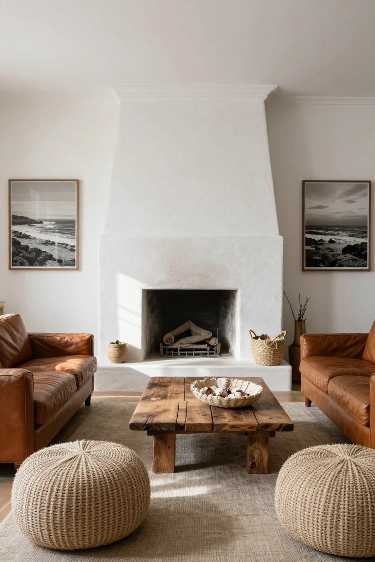 Living room with tall white stucco fireplace centered on wall, two tan leather sofas facing each other across low reclaimed wood coffee table holding woven bowl, two cream woven poufs on light rug, seagrass baskets and brass vase nearby, black-and-white framed ocean cliff photos flanking fireplace.